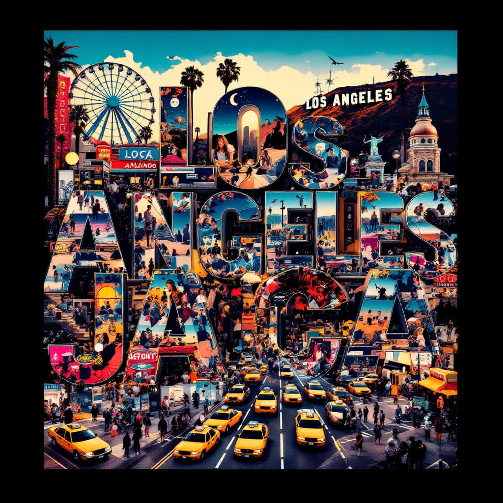 AI generated: A striking, high-contrast cinematic photo-style vertical collage that captures the essence of Los An...