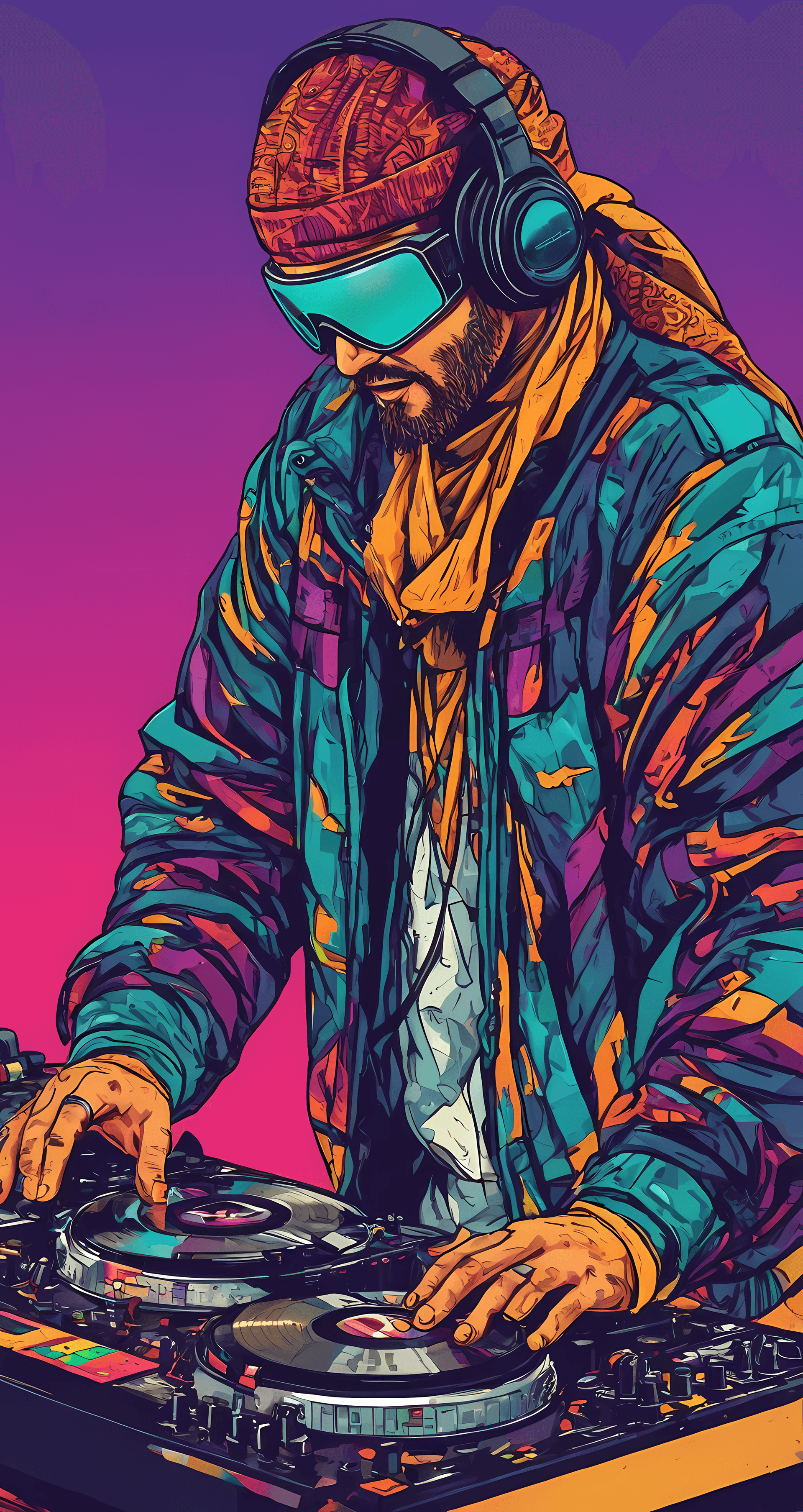 AI generated: Funky DJ, digital illustration, contemporary era, vibrant color palette.