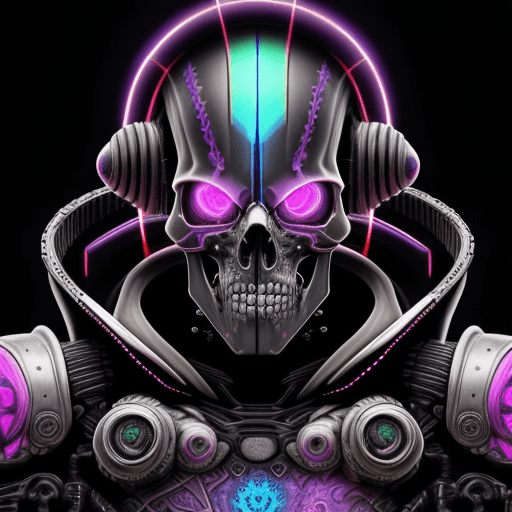 AI generated: digital drawing of cyberpunk skull with armor, maximum detailing, colorful, vibrant, by Alex grey 