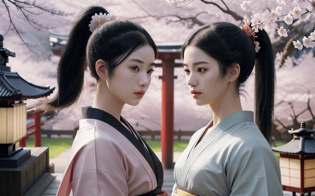 AI generated: Young Samurai with long black hair and ponytail, wearing samurai armor, standing in a Japanese templ...