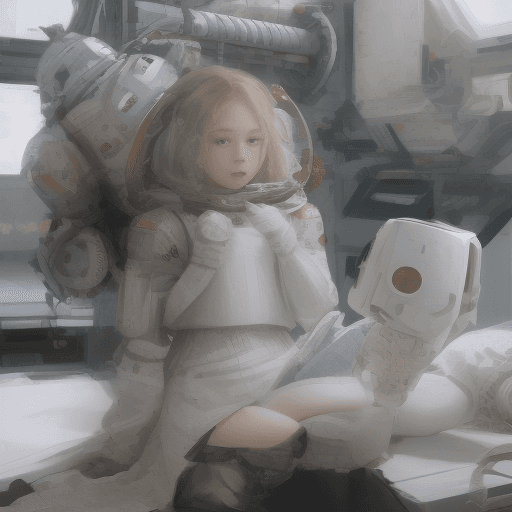AI generated: a girl in white armor and her small robot friend floating in space 
