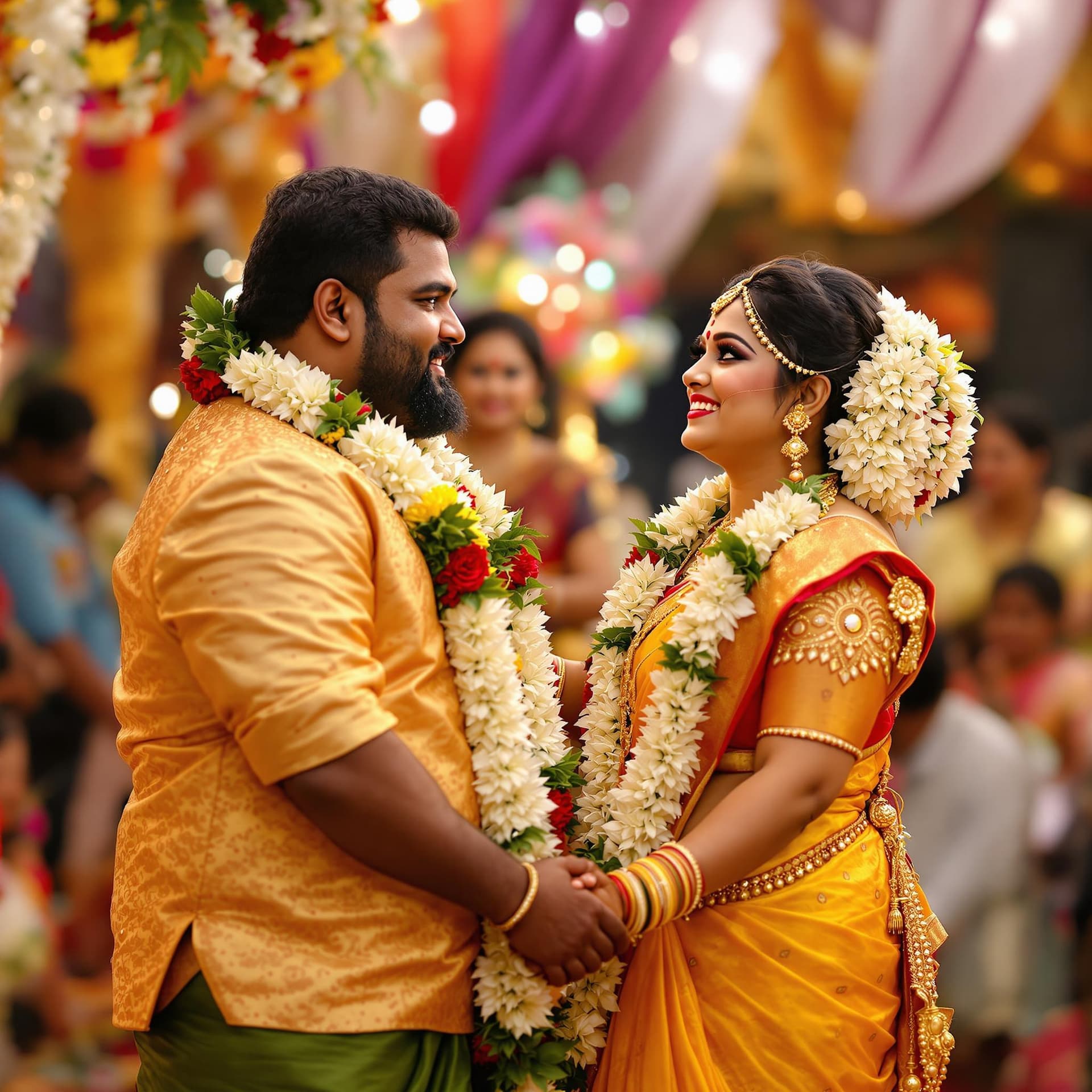 AI generated: fat Kerala groom an bride in kerala traditional wedding dress, looking towards camers by holding the...