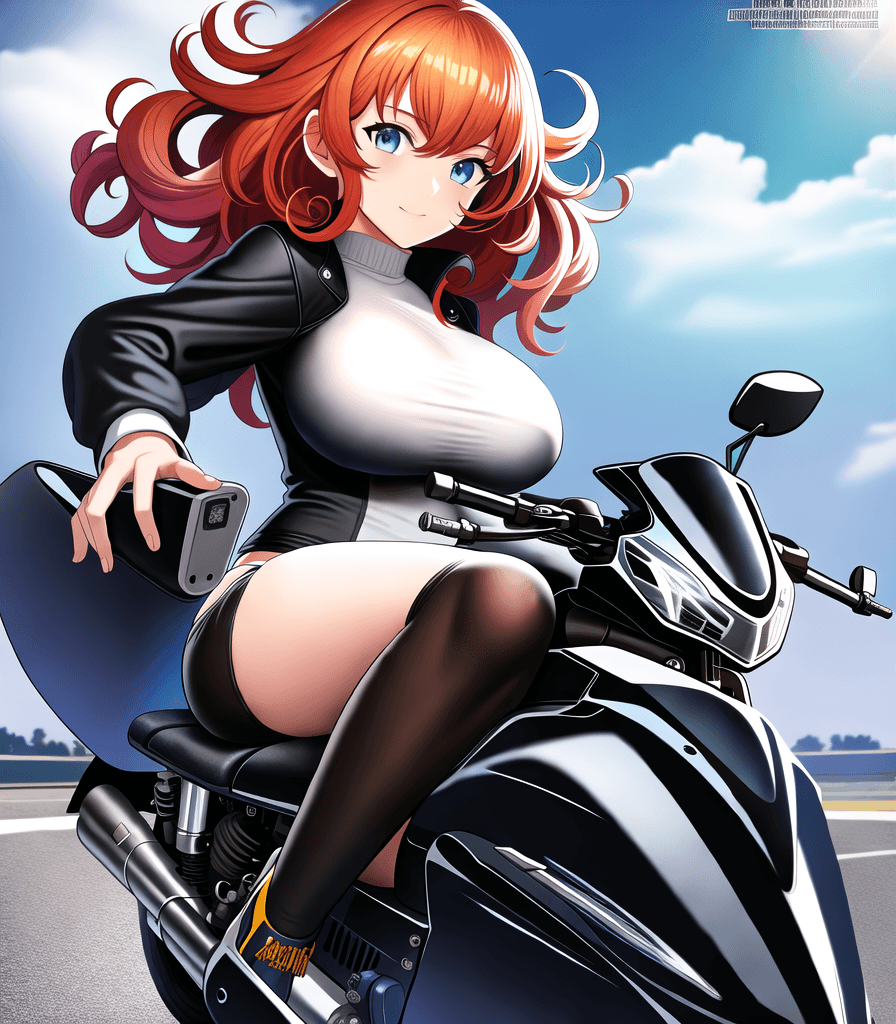 AI generated: (perfect anime illustration), 1girl, curly hair, medium hair, huge breasts, motorcycle, driving, sit...