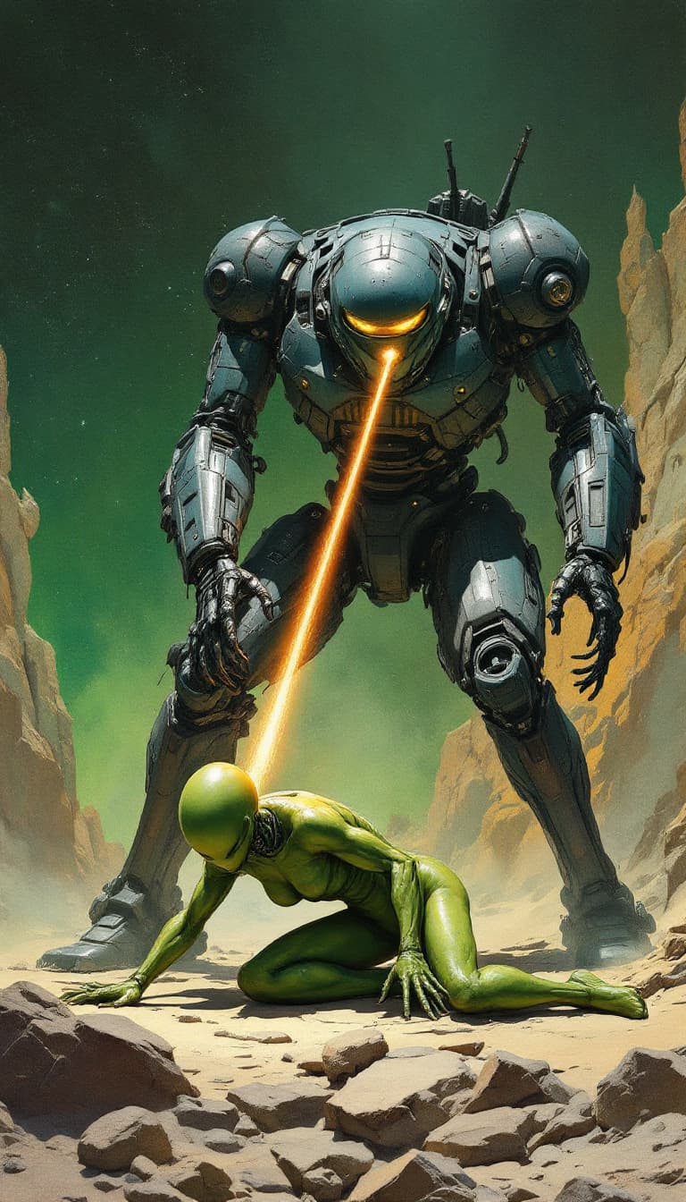 AI generated: A robot is shooting laser beams from its eyes at an alien being pulled on the floor with his legs, i...