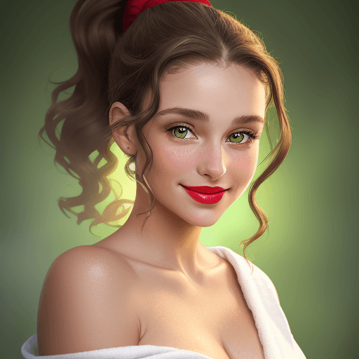AI generated: A portrait of a young woman with light curly brown hair in a high ponytail, smiling softly with gree...