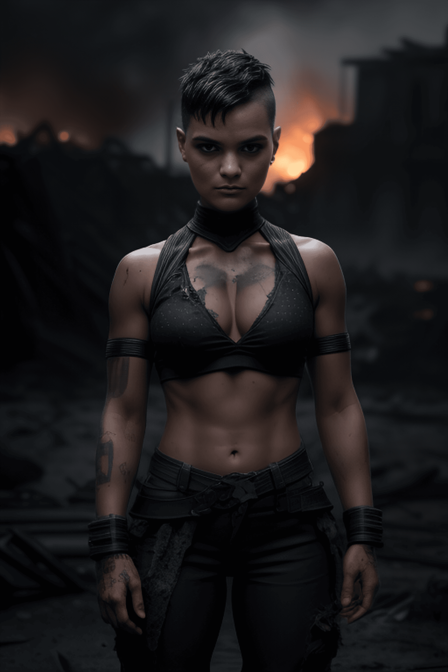 AI generated: photo of Brianna Hildebrand, (messy short black hair with shaved head:1.3), (torn shredded X-Men uni...