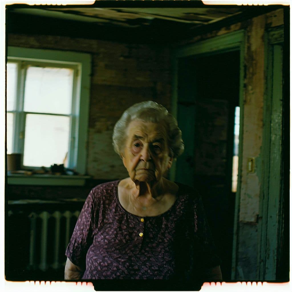 AI generated: slightly unnerving picture of grandma in abandoned house, 80s polaroid, fuzzy, dark