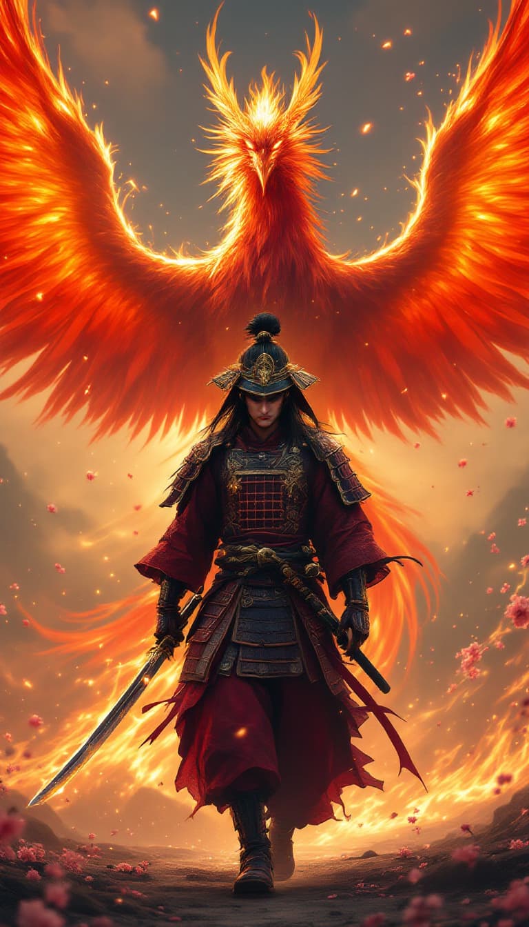 AI generated: An ultra-realistic, zoomed out, front facing, full-body portrait of a regal young Japanese samurai w...