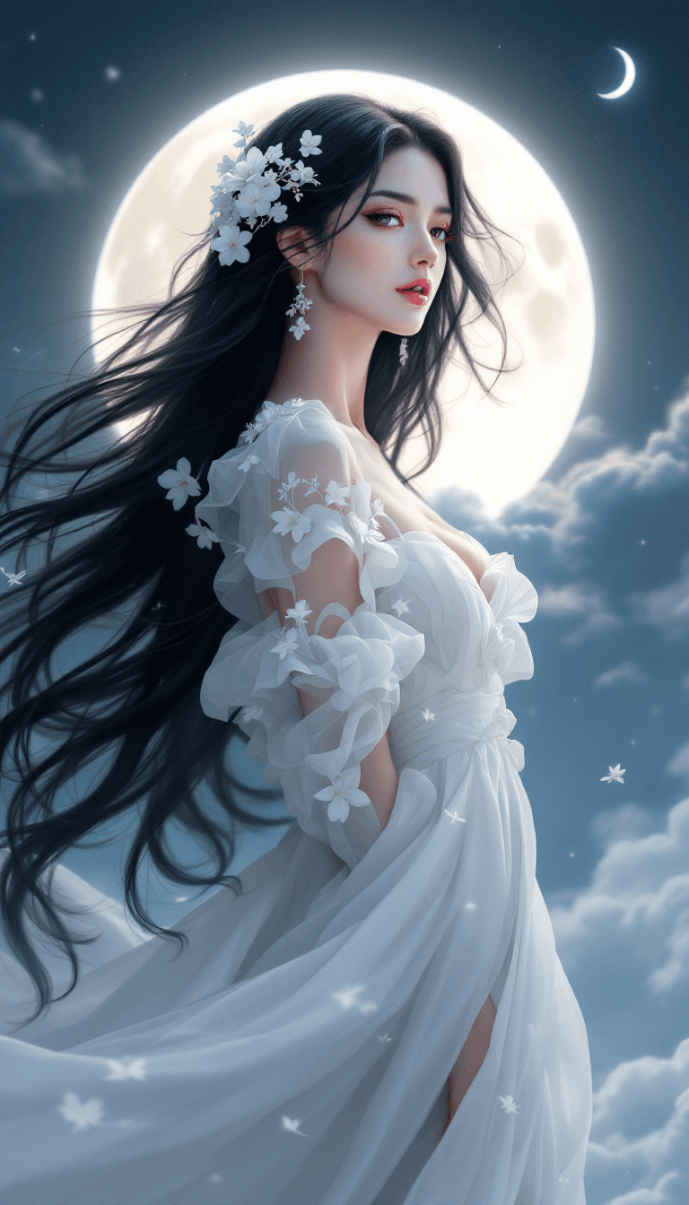 AI generated: Ultra-high resolution, Hyper-detailed fantasy portrait, A serene and elegant woman with flowing blac...