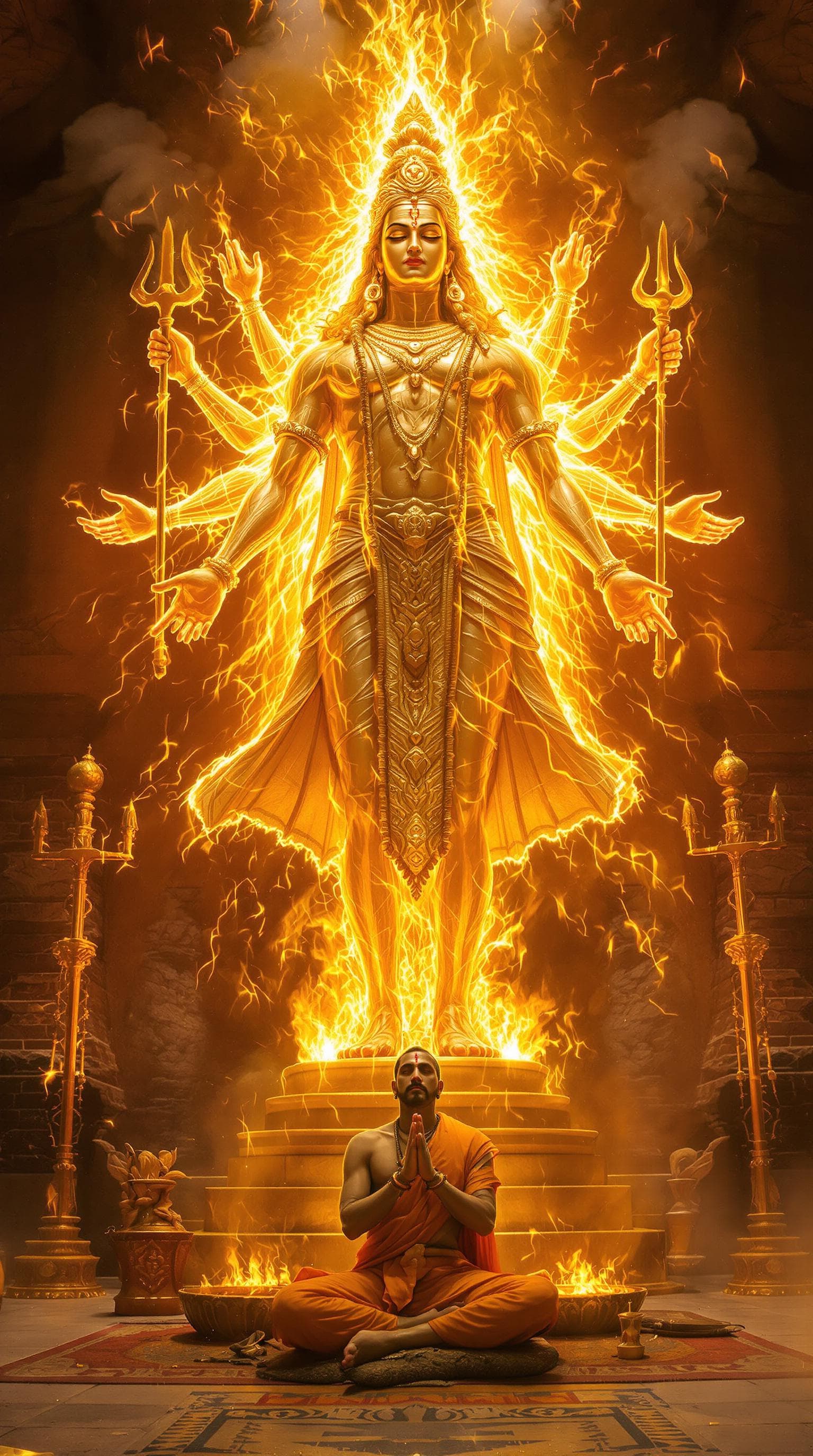 AI generated: Hindu deity, Shiva, radiant golden form, towering above devotee.  Fiery, golden light emanates from ...