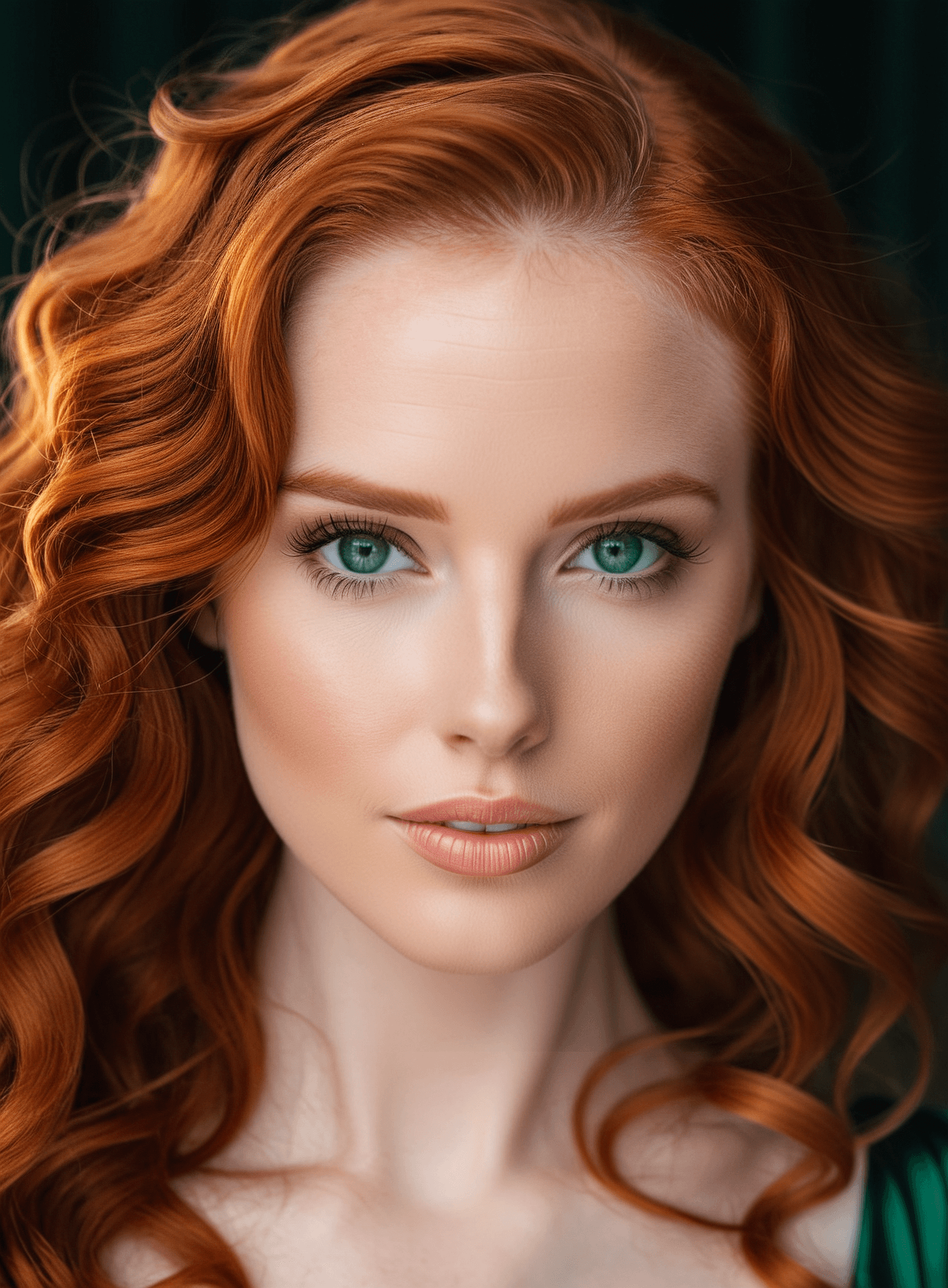 AI generated: A close-up portrait of a stunning redhead woman, her fiery hair cascading in loose waves around her ...