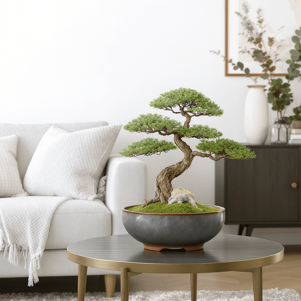 AI generated: Hyper-realistic Bonsai Lotus Bowl sitting on a side table in a modern living room.  Image must fit w...