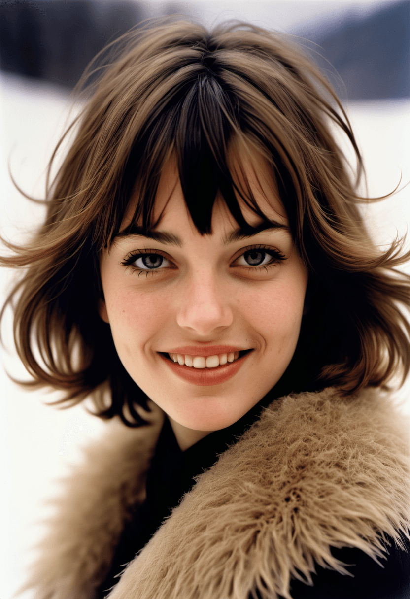 AI generated: A close-up portrait of a beautiful girl, smiling, with a Layered Shag with Bangs hair style,  winter...