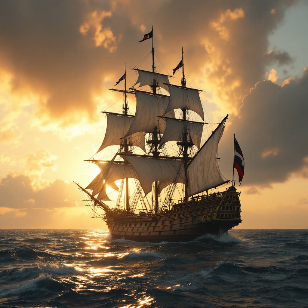 AI generated: Photo of a ultra realistic sailing ship, dramatic light, pale sunrise, cinematic lighting, battered,...