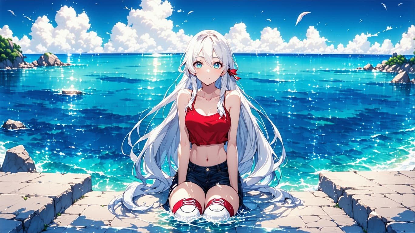 AI generated: high quality, 1lady, 25 years old, blue eyes, long white hair, fade, upper body 
, red-top, black sh...