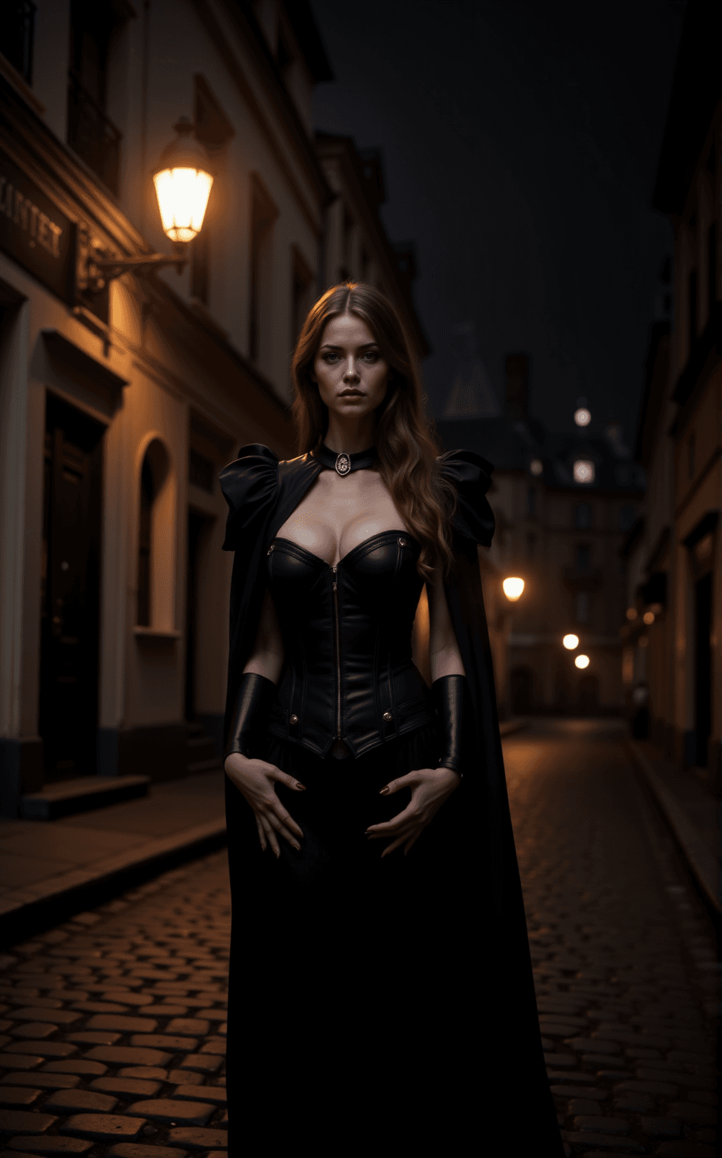 AI generated: an ultra detailed photography of a 1700s Parisian town at night. The scene should be dimly lit, with...