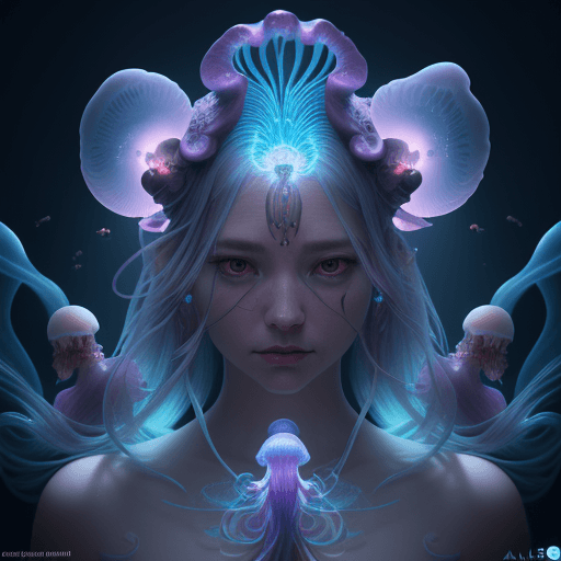 AI generated: Goddess close-up portrait ribcagel. jellyfish phoenix head, nautilus, orchid, skull, betta fish, bio...