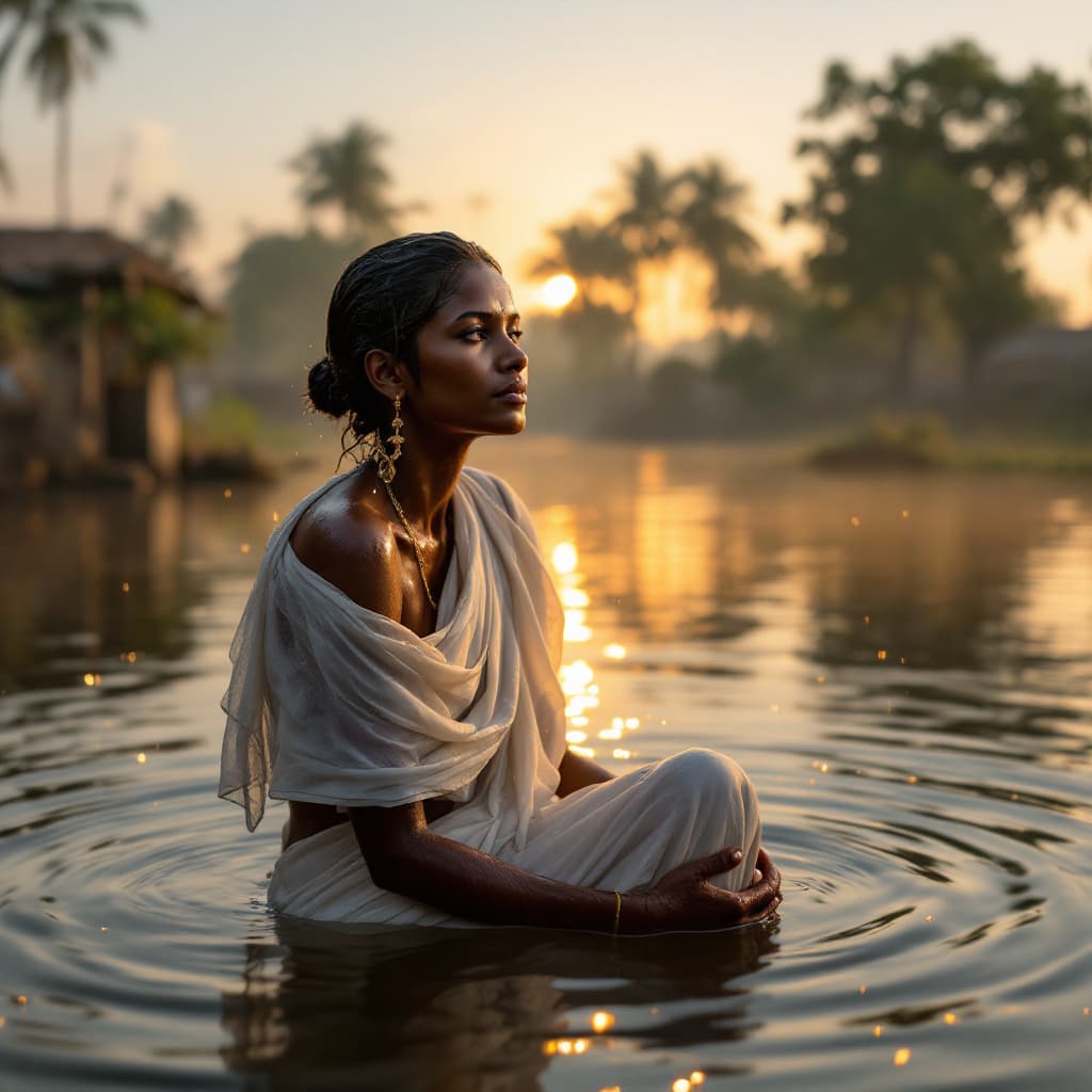 AI generated: Generate a realistic image of an Indian village woman bathing in a river at sunrise. She is wearing ...
