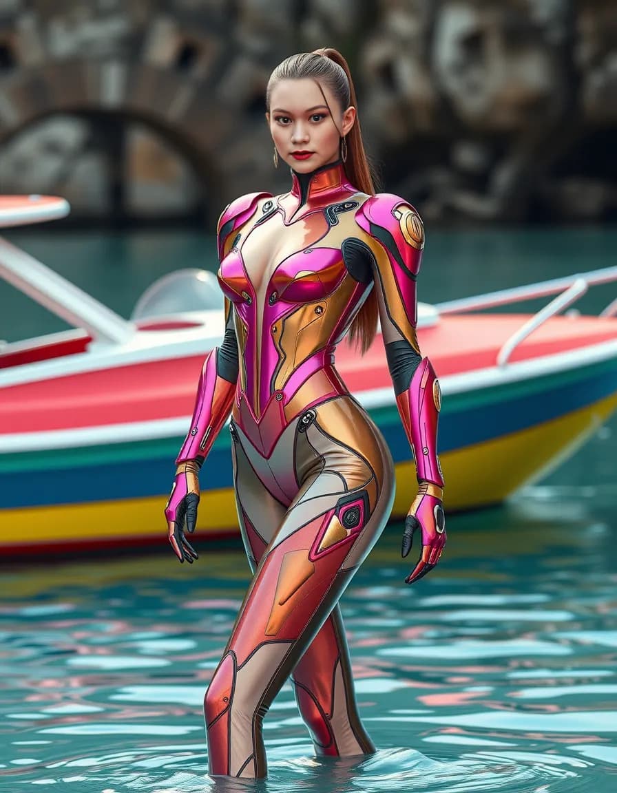 AI generated: commercial photo of a stunning woman standing in water near a boat, in the style of colorful futuris...