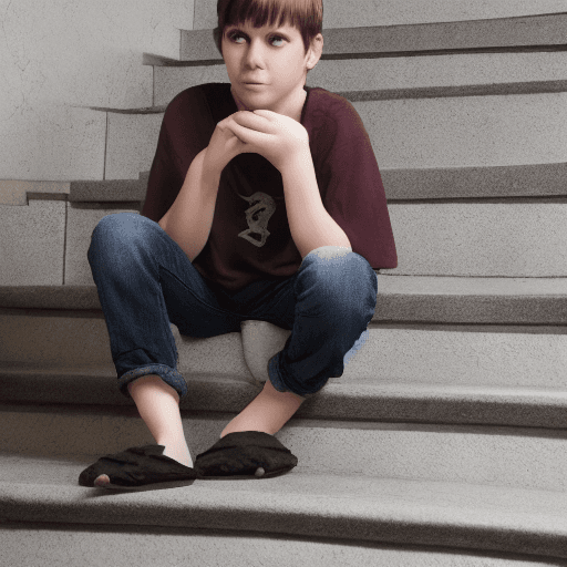 AI generated: A very pretty boy sitting on a set of stairs with a baby dragon beside her, hyperrealism, photoreali...