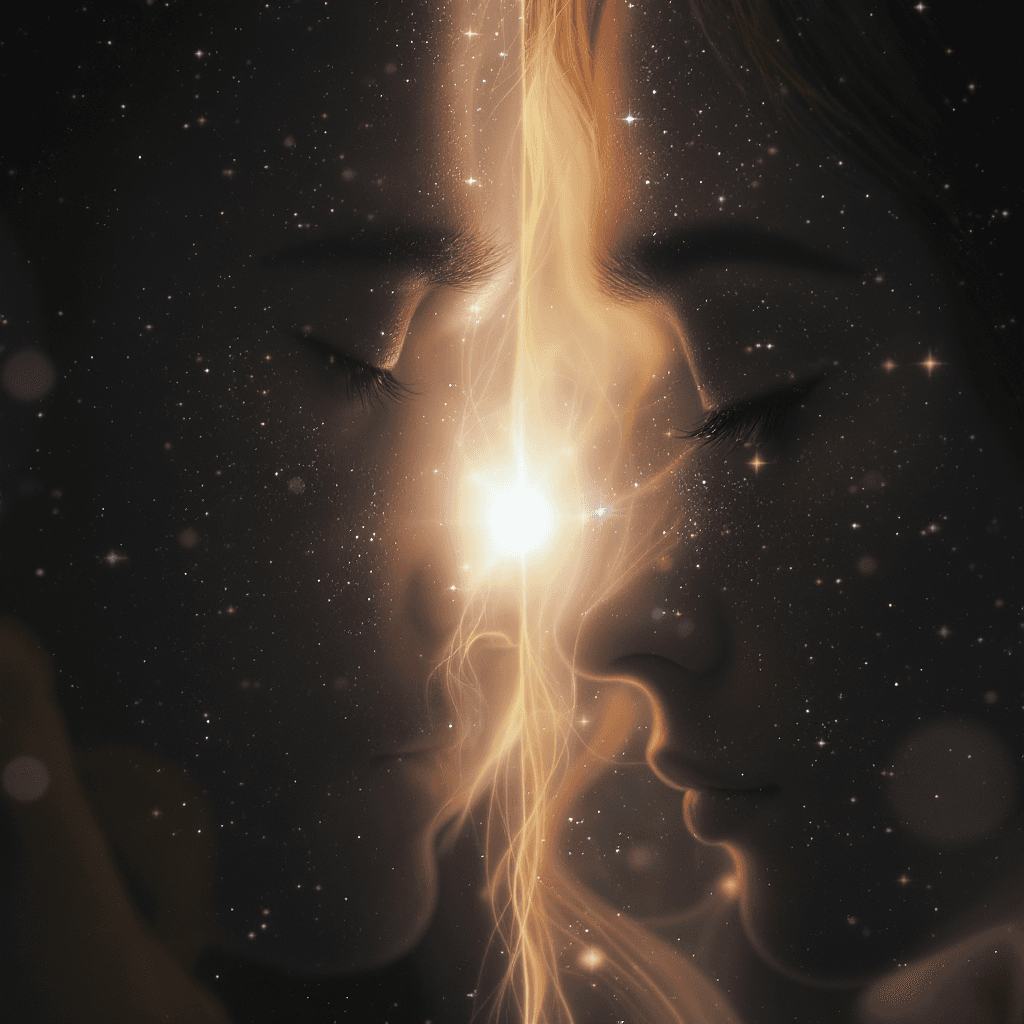 AI generated: a cinematic close-up of two faces, a man and a woman, almost touching but separated by soft transpar...