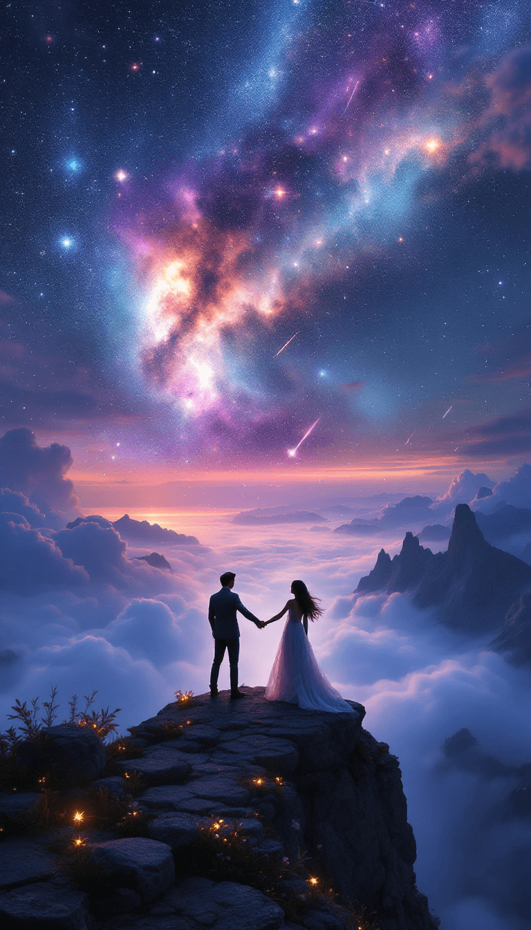 AI generated: At the edge of the world, a couple stands hand in hand atop a towering cliff, their silhouettes fram...