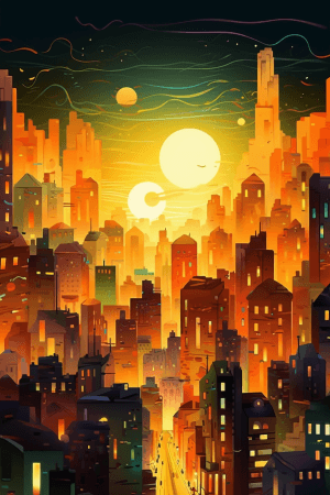 AI generated: Vibrant cityscape illustration, sweet citrus, inspired by Fiction Artwork, yellow, orange, green, la...