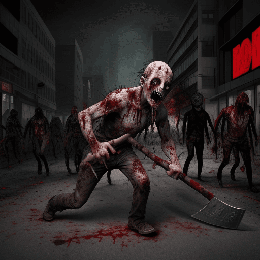 AI generated: Zombie dead corpse with red eyes and maggots crawling throughout there flesh, holding an axe in a me...