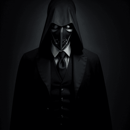 AI generated: A mysterious man in his 40s, approximately 175 cm tall, wearing a sleek black suit with a tie, and a...