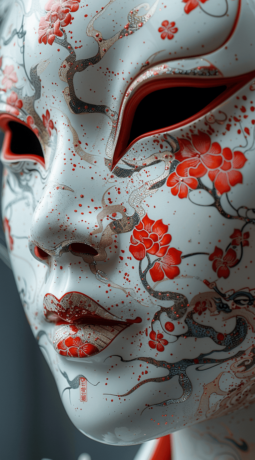 AI generated: A photo closeup of a mask with white and red patterns on it featuring an Oni doll-style character de...