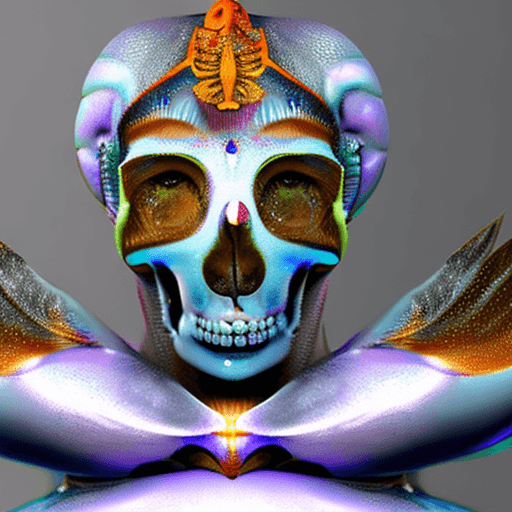 AI generated: Goddess close-up portrait ribcagel. jellyfish phoenix head, nautilus, orchid, skull, betta fish, bio...