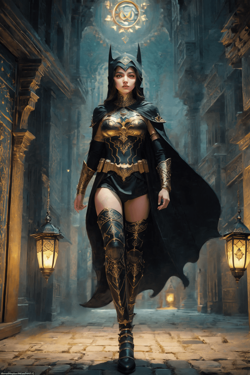 AI generated: Full-body Batman, Oriental style, minimal detailing, dark flowing cape with intricate Middle Eastern...