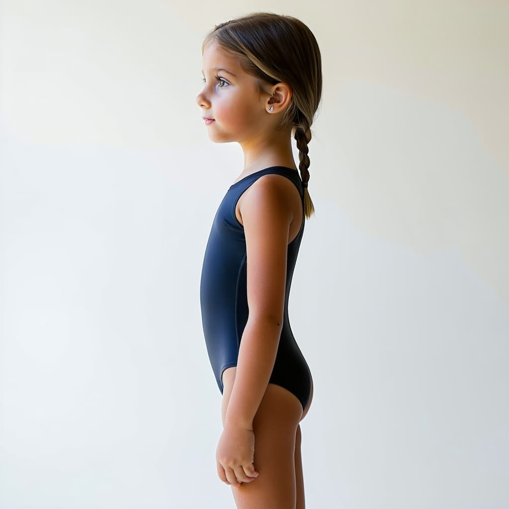 AI generated: a young girl about 14, standing upright in a swimsuit