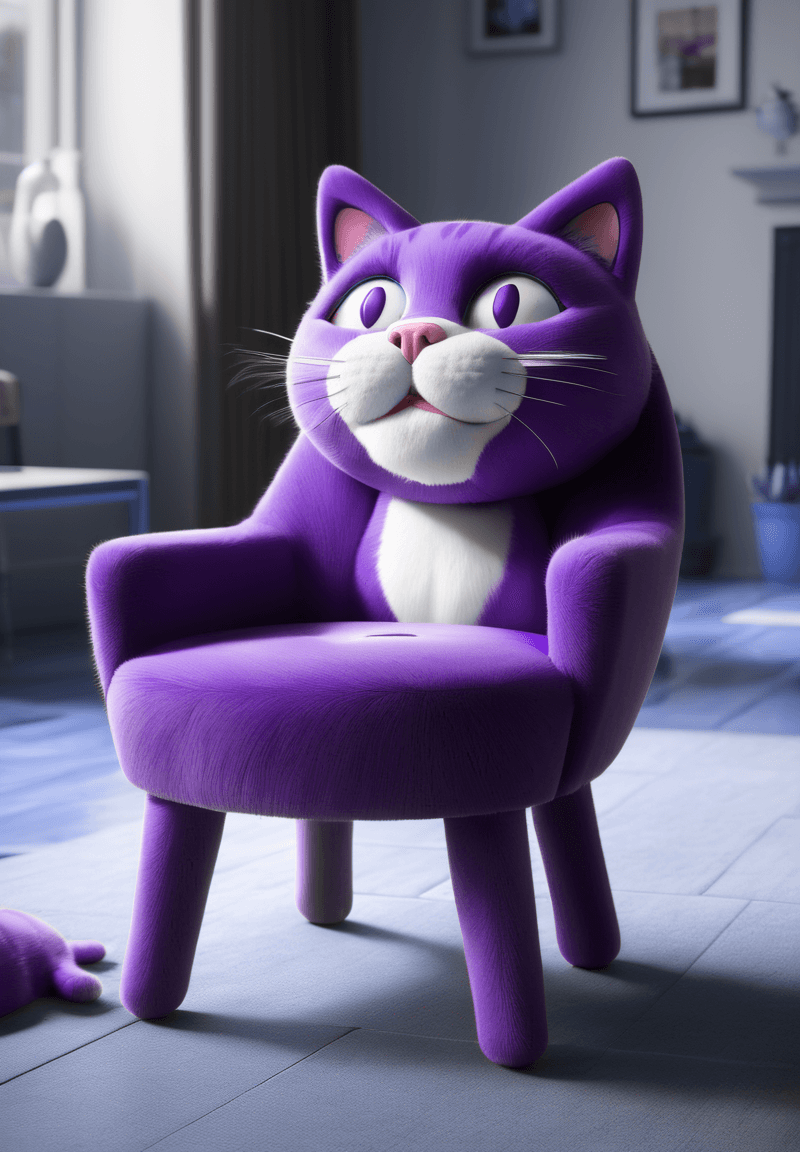 AI generated: a purple cat chair with a cat's face on it's back and legs, in a living room, unreal engine 5, highl...