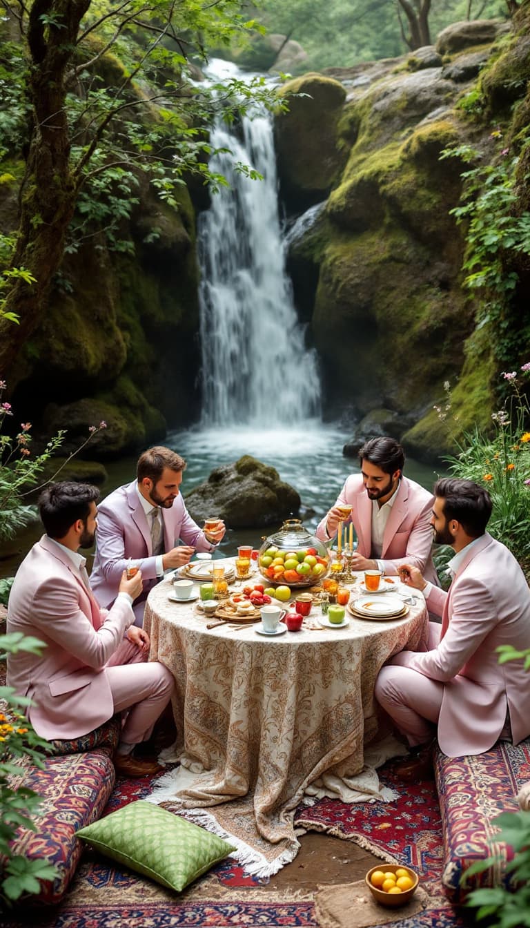 AI generated: "A scenic nature-inspired Haft-Sin setup by a gentle waterfall surrounded by moss-covered rocks and ...