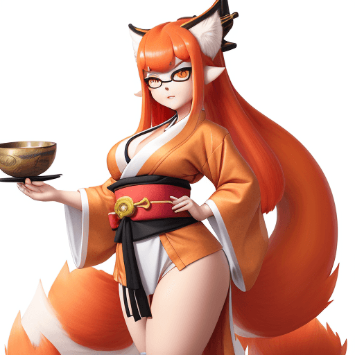 AI generated: inkling goddess, kitsune, big fluffy tails, thick thighs, in a kimono