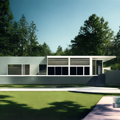 AI generated: Hyper realistic eye level exterior photo of a mid century modern style house overlooking the horizon...