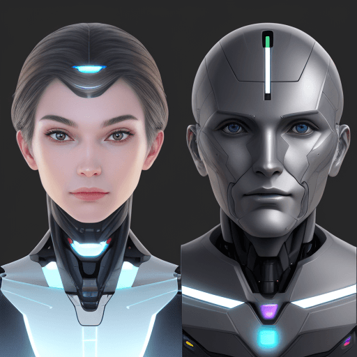 AI generated: Front view of the face of a half-human, half-machine robot with AI, with a side view of an AI-enhanc...