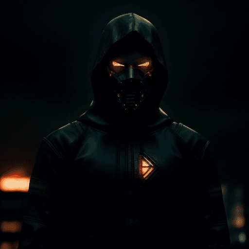 AI generated: cyberpunk, masked man, dark torn hood, dark rainy foggy night, intricate dark and chrome damaged arm...
