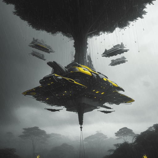 AI generated: A cat stands in the center of an epic, futuristic forest with many flying machines hanging from floa...