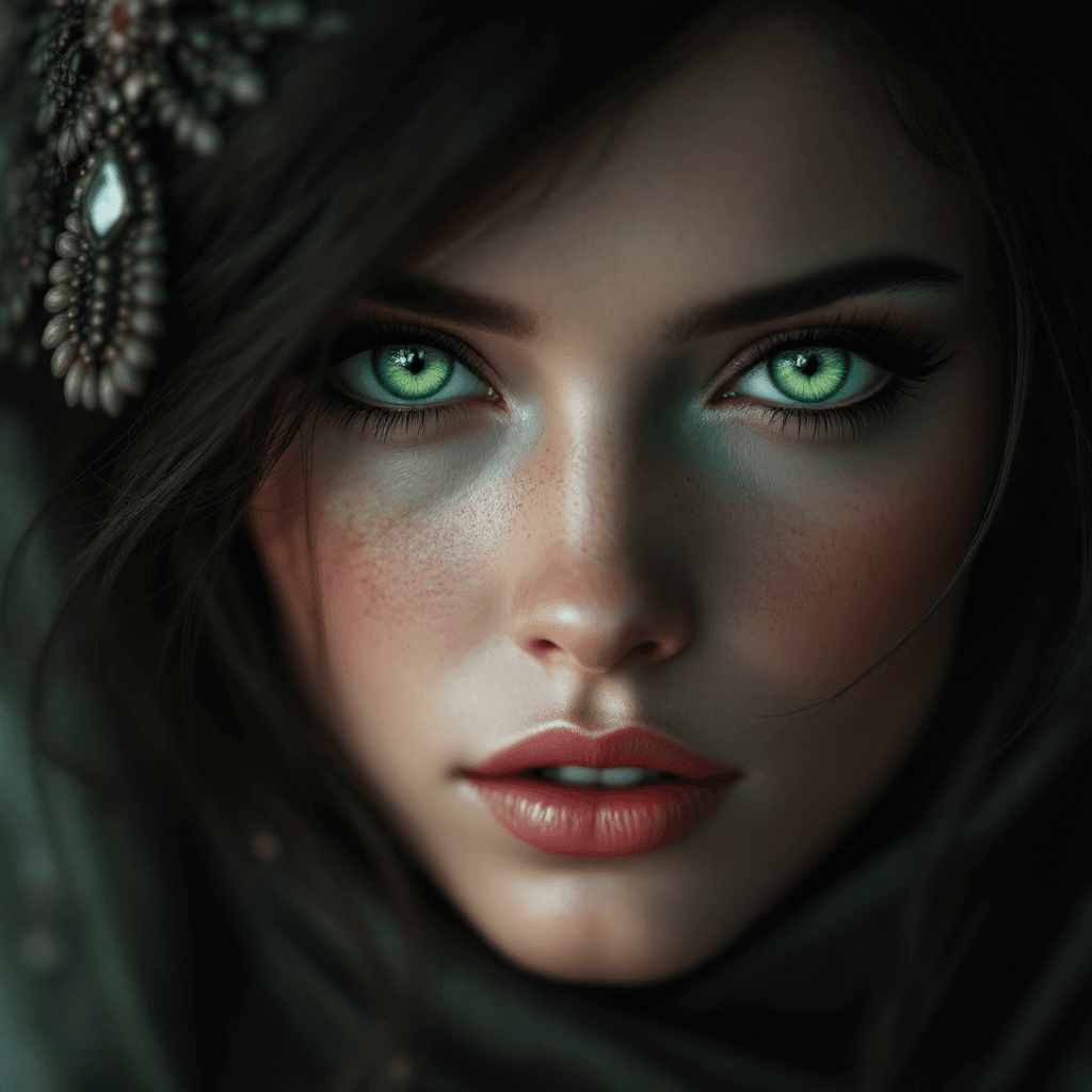 AI generated: a woman with green eyes, in the style of realism with fantasy elements, daz3d, fine art realism, mag...