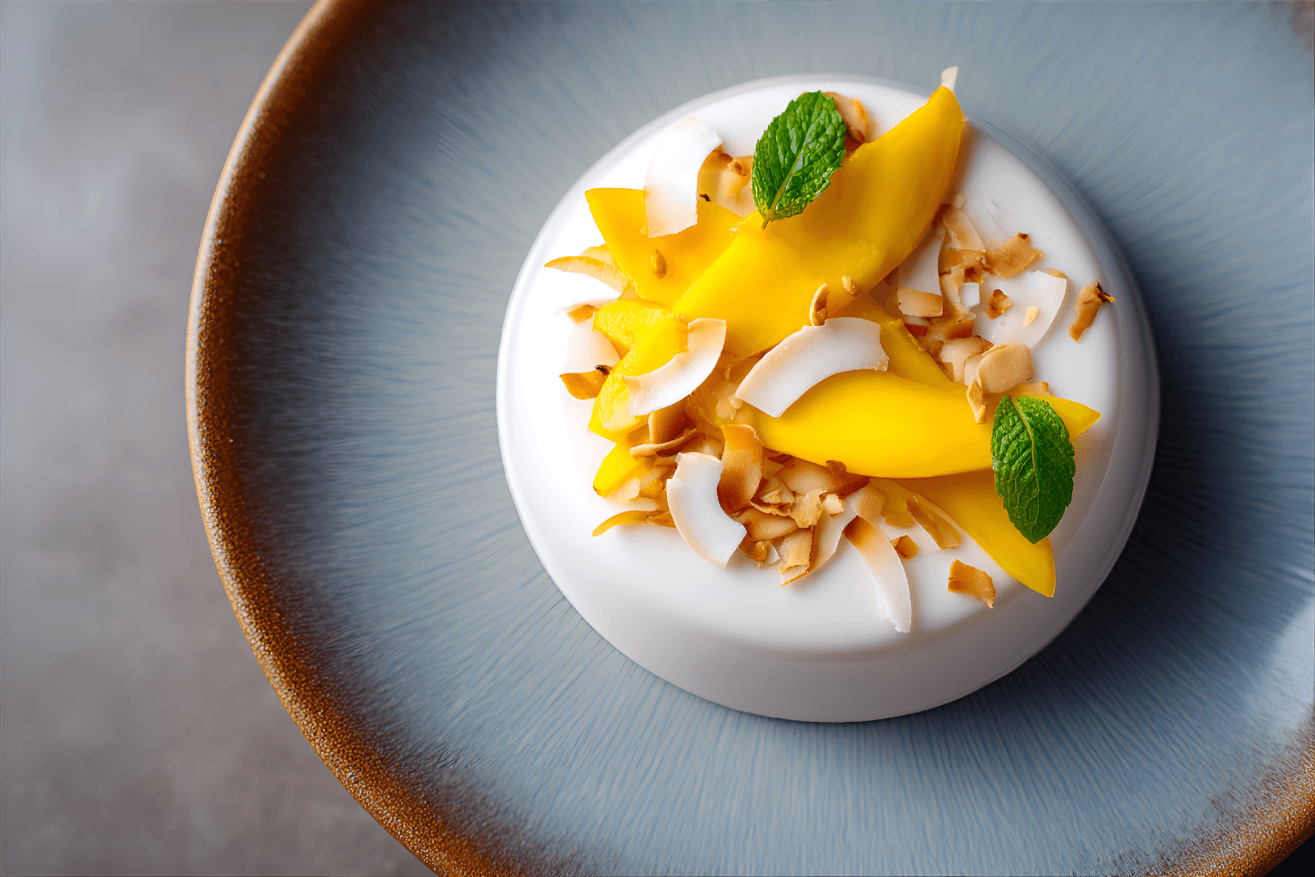 AI generated: top-view capture of an exquisite mango and coconut panna cotta on a modern ceramic plate, garnished ...