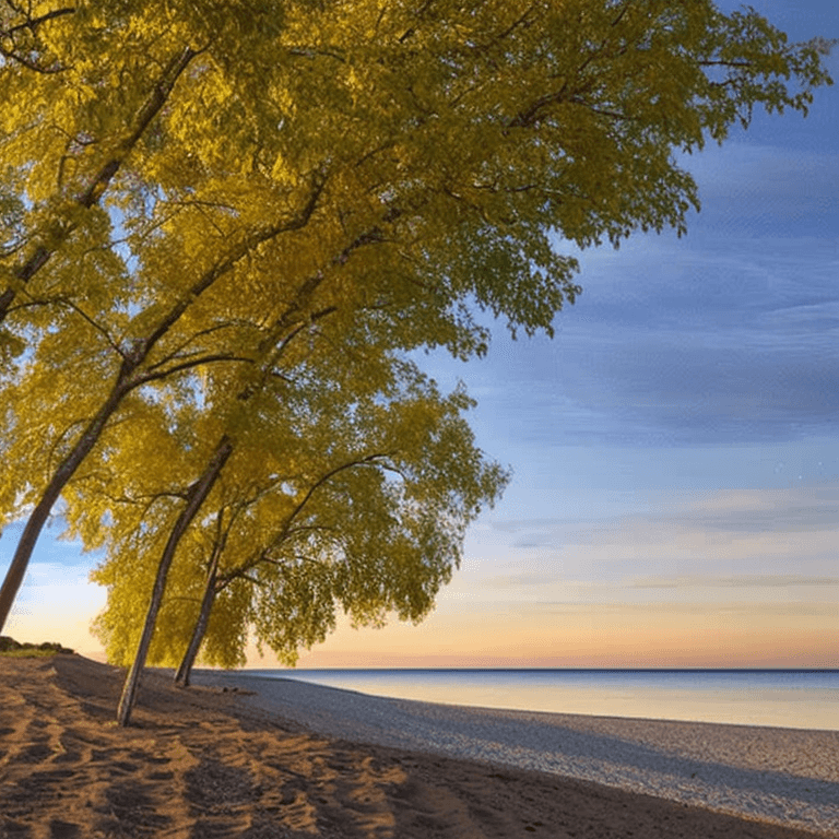 AI generated: oil on canvas, small clouds, 
willow tree, smooth beach, small rocks, 
beautiful setting, early even...