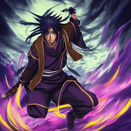 AI generated: "painterly style, male character looking like Itachi at war, wearing akatsuki suit, character design...