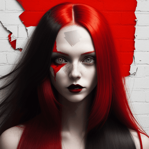 AI generated: woman with bright red long hair, layered collage style, edgy street art, portrait, cardboard, fragme...