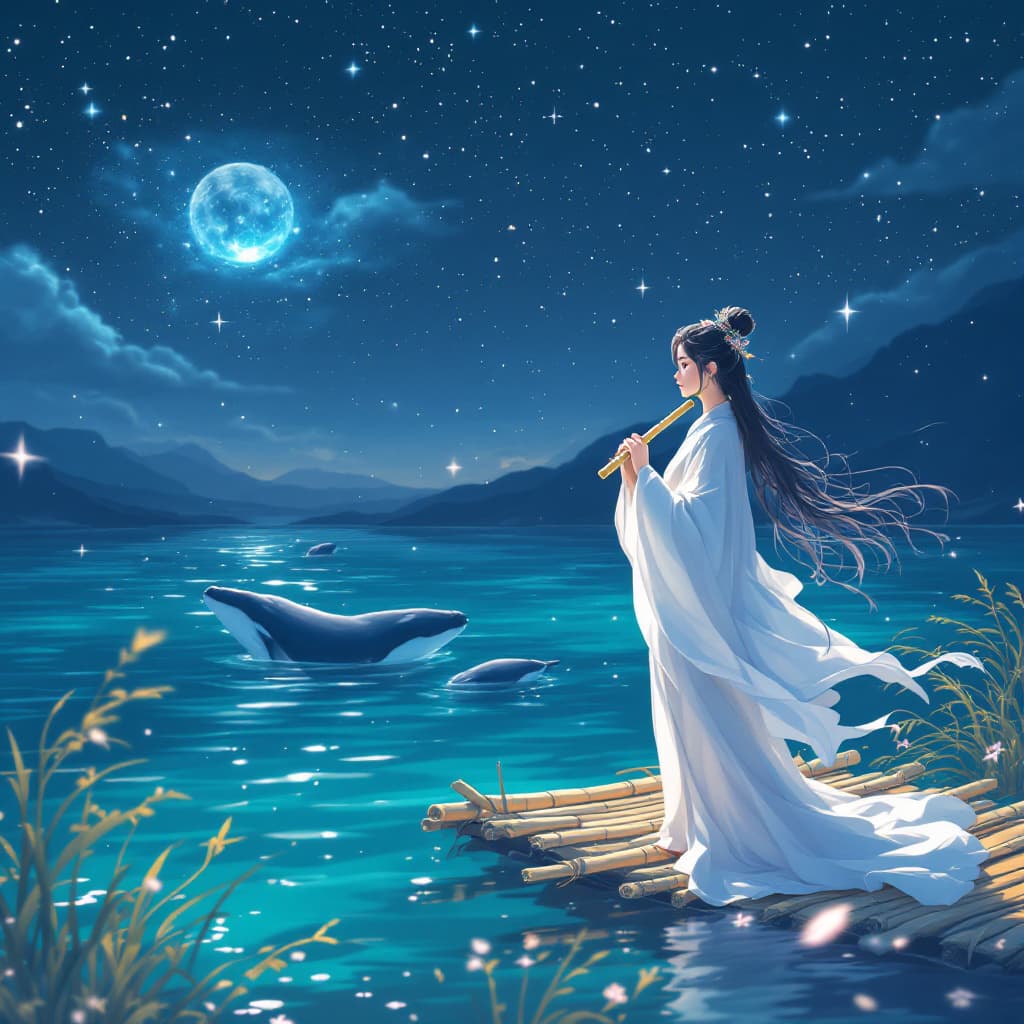 AI generated: Anime Realistic style, dIn the background is the sea under the stars, There are many stars in the sk...
