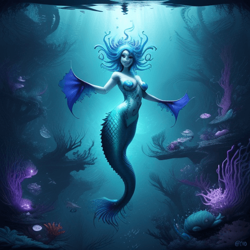 AI generated: Epic wide angle view, stunning dangerous Siren mermaid with very long Betta splendens intricate tail...