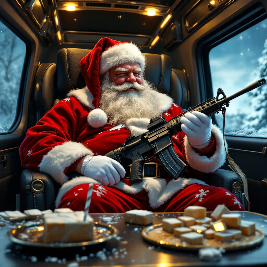 AI generated: A fat Santa clause holding an ar 15 with white duct tape square packages repackaged cocaine at his f...