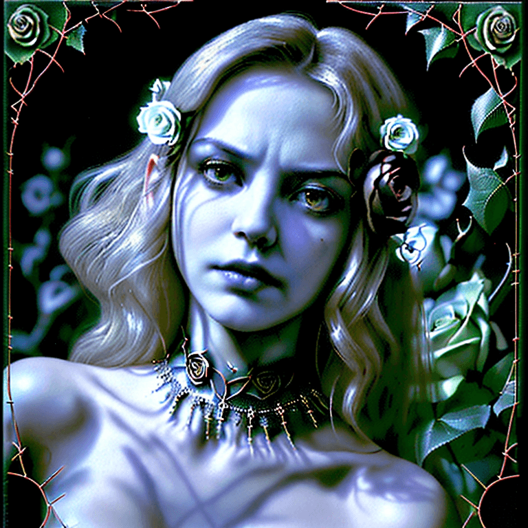 AI generated: Beautiful witc, long flowing retro bhair, flowers, roses, ivy, eerie, pretty, magic, magical, epic p...