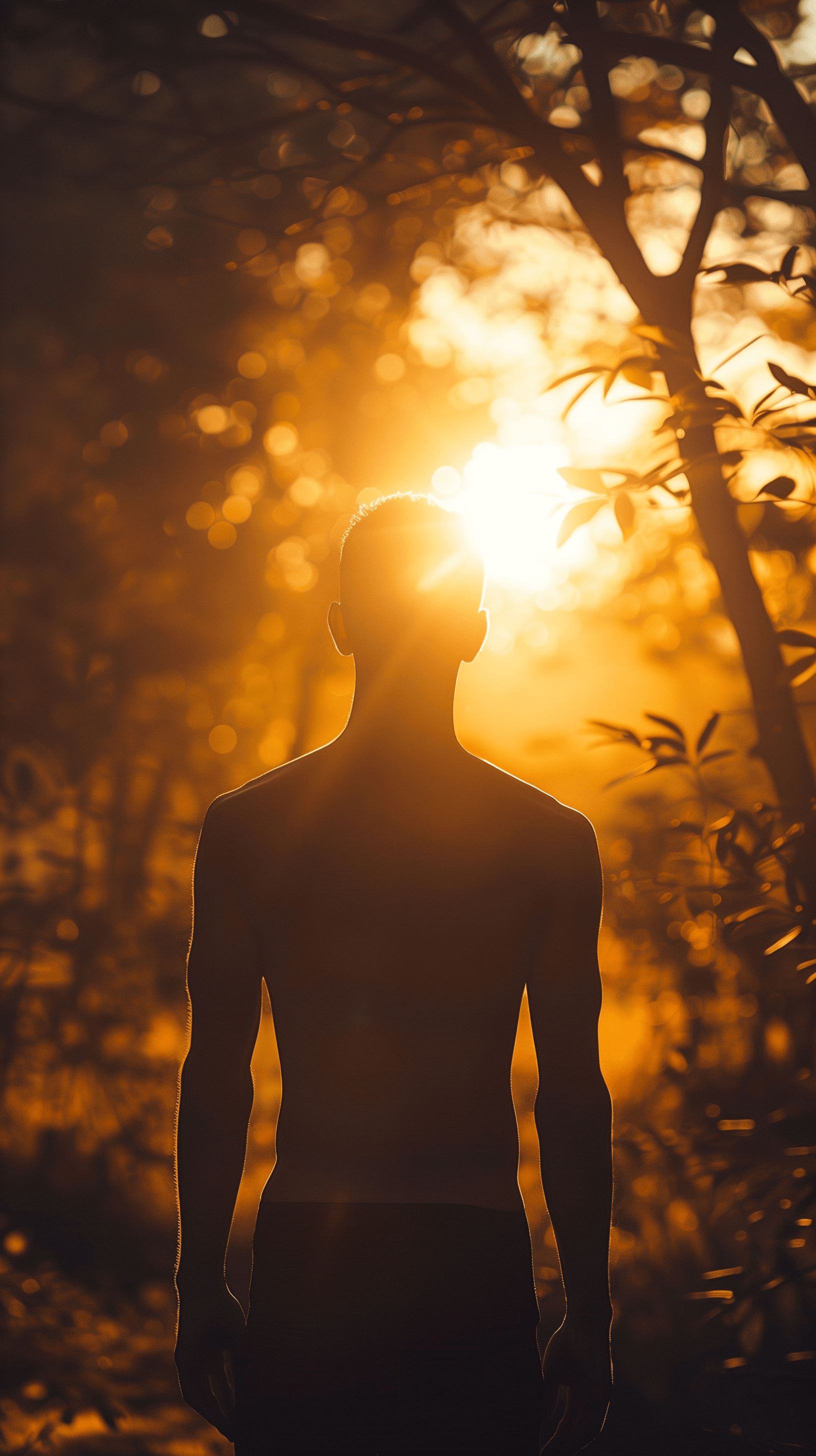 AI generated: depict a male figure facing away from the viewer, silhouetted against a golden sunset that bathes th...